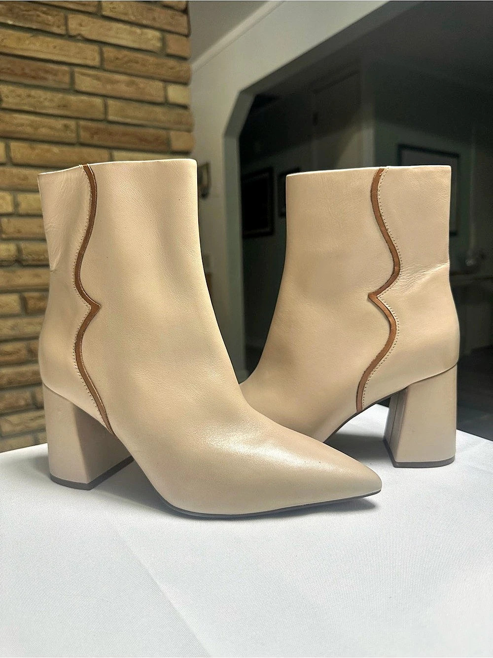 Seychelles Broken Promises Pointed Toe Block Heel Ankle Boots in Beige Leather